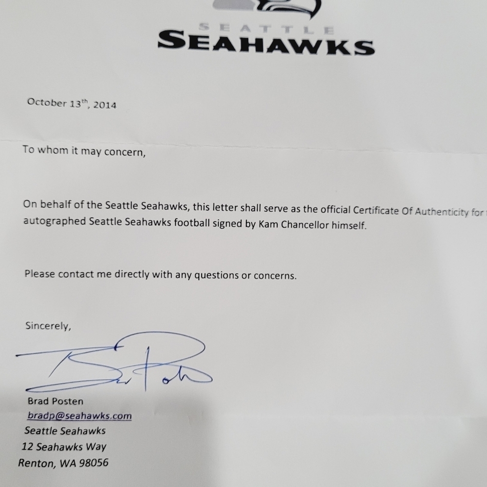 NFL Kam Chancellor Autographed Signed Football W/ Signing Pen W/Letter - Picture 7 of 7